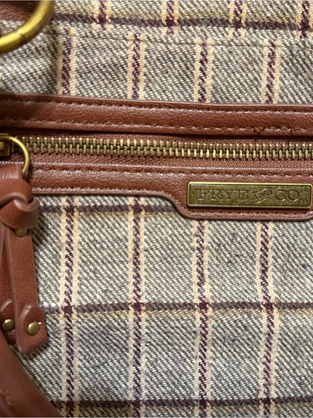 Frye & Co Brown Plaid Satchel Crossbody Bag Tweed Shoulder Purse